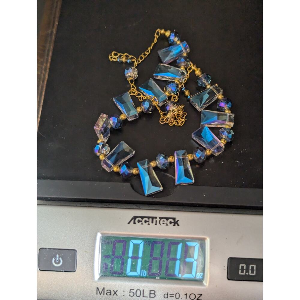 Gold Tone Crystal Aurora Borealis Statement Necklace Blue Purple Iridescent Read - Picture 12 of 12